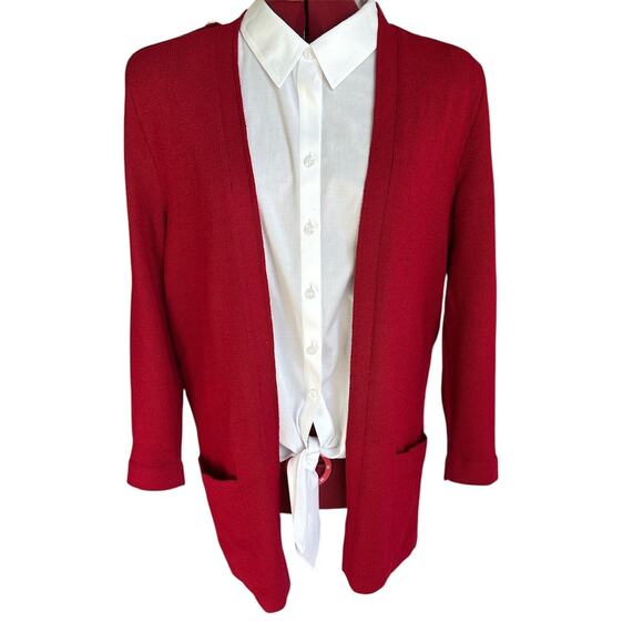 St. John Sportswear Size Small Red Knit Long Line Open Front Cardigan - Picture 1 of 8